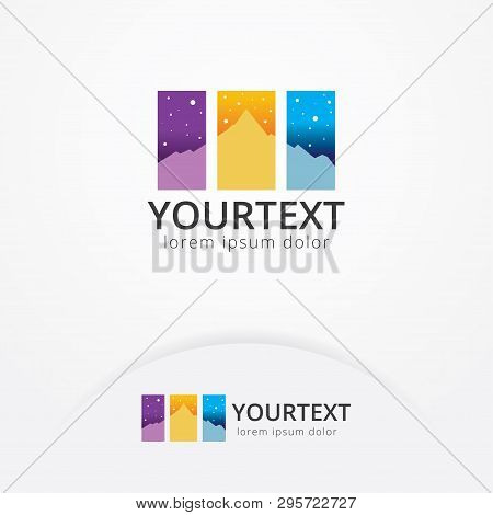Vector Logo Of Mountain Views With Stars At Night. Colorful Mountain Logo Template