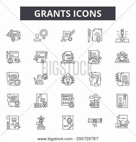 Grants Line Icons, Signs Set, Vector. Grants Outline Concept, Illustration: Grant, Flat, Debank, Bus