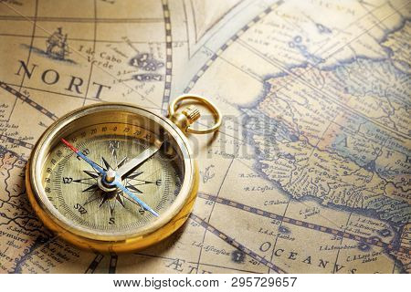 Antique Compass On Antique Map With Big Word India