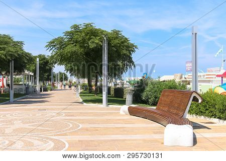 Bench In The Pedestrian Street Lungomare Della Repubblica, Italy, Riccione, 31 August 2014
