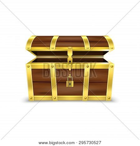 Vector 3d Realistic Opened Empty Retro Vintage Antique Old Treasure Wooden Brown Pirate Dower Chest 