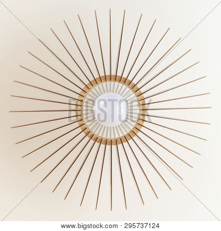 Round Wooden Light With Ice Bulbs Hung In A White Ceiling. Modern Design Method Of Interior Lighting