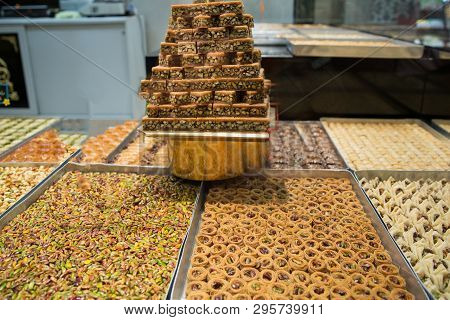 Assortment Of Turkish Desser Baklava With Pistachio, Honey And Walnut. Tasty Turkish Delights.