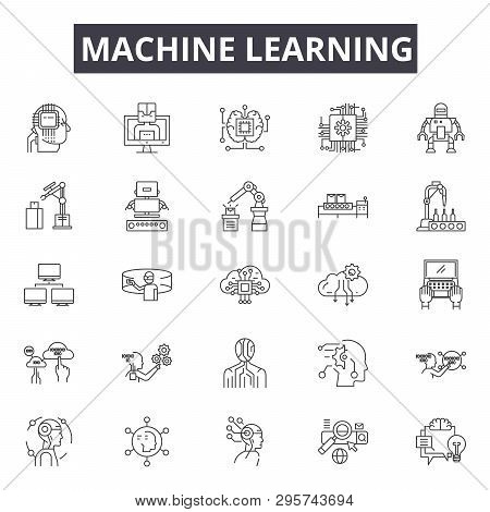 Machine Learning System Line Icons, Signs Set, Vector. Machine Learning System Outline Concept, Illu