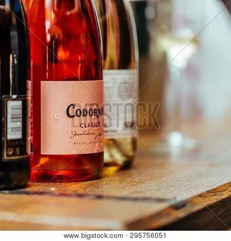 Moscow, Russia-march 30, 2019: Wine Tasting: Bottles With Champagne Tasting Samples Are On The Table