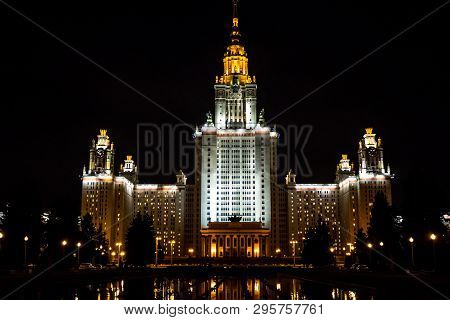 Moscow, Russia - September 2015: The Building And Territory Of Moscow State University At Night
