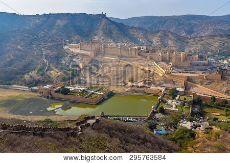 View Of Amber Fort And Palace From Walls. Jaipur. Rajasthan. India