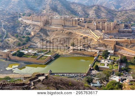 View Of Amber Fort And Palace From Walls. Jaipur. Rajasthan. India
