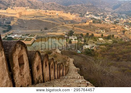 View Of Amber Fort And Palace At Morning In Jaipur. Rajasthan. India
