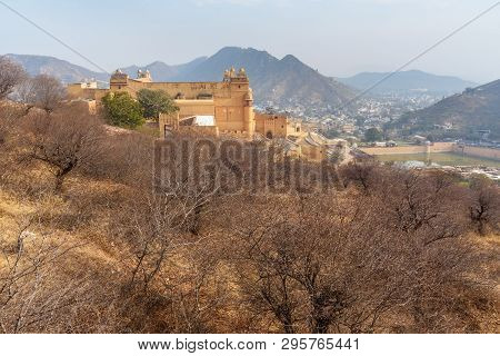 Amber Fort And Palace In Maotha Lake. Jaipur. Rajasthan. India