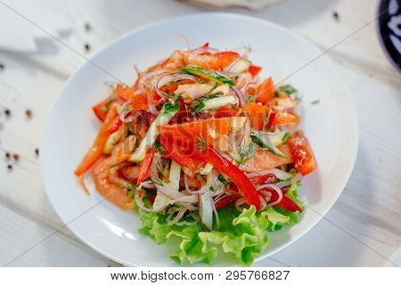 Vegetable Salad On The White Plate, Great Image For Your Needs. Achik Chukchuk Salad With Tomatoes A