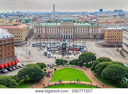 View From The Roof Onto St. Isaac's Square In Front Of Saint Isaac's Russian Orthodox Cathedral In S