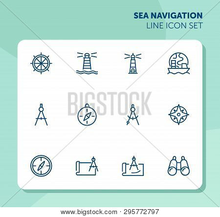 Sea Navigation Line Icon Set. Set Of Line Icons On White Background. Lighthouse, Steering Wheel, Shi