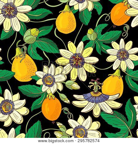 Passionflower Passiflora,passion Fruit On A Black Background.floral Seamless Pattern.big Bright Exot