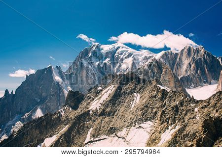 View To Mont Blanc Mountain Peak, From Punta Helbronner At Courmayeur, Italy