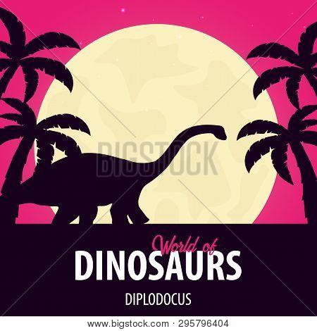 Banner World Of Dinosaurs. Prehistoric World. Diplodocus. Jurassic Period.