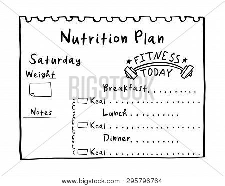 Cartoon Illustration Of Nutrition Plan. Hand Drawn Diet Plan In Doodle Style For Breakfast, Lunch An