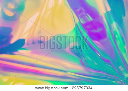 Abstract Trendy Holographic Background In 80s Style. Real Texture In Violet, Pink And Mint Colors Wi