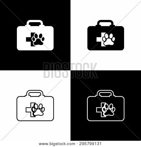 Set Pet First Aid Kit Icons Isolated On Black And White Background. Dog Or Cat Paw Print. Clinic Box