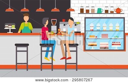 Visitors And Barista Or Bartender, Cafe Or Bar Interior Vector. Desserts And Drinks, Cakes And Lemon