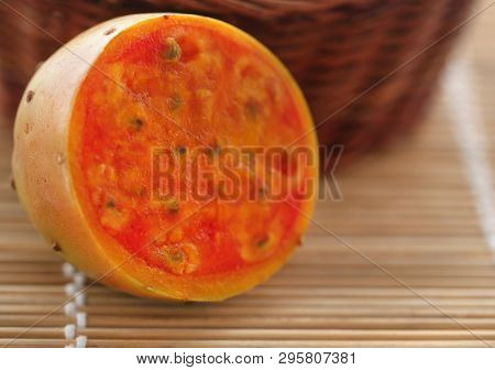 Closeup Of Sliced Prickly Pear In Textured Surface