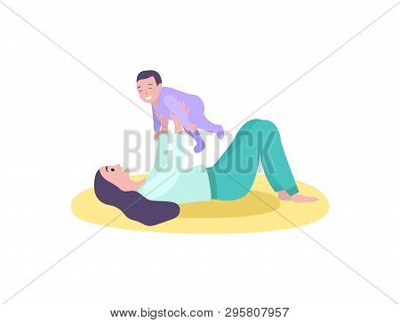Woman Playing With Kid Vector, Mother And Son Flat Style. Person Laying On Mat With Kiddo Wearing Bo