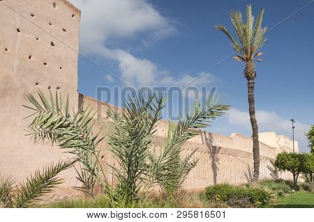 Morocco, Marrakech, Bab El Raha Bab Debagh Town Gate, Ancient Medina Walls, Park, Sunlit