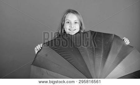 Brighten Up Life. Kid Peek Out Colorful Rainbow Umbrella. Color Your Life. Girl Cheerful Hide Behind