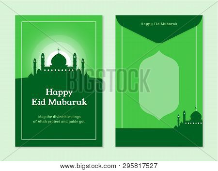 Simple Eid Al Fitr Mubarak Money Vector With Mosque Illustration Silhouette Background. Front And Ba