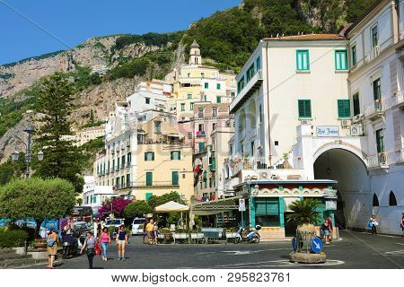 Amalfi, Italy - July 2, 2018: Tourists In The Center Of Amalfi, Italy