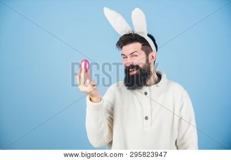 Hipster Cute Bunny Long Ears Blue Background. Easter Bunny. Having Fun. Funny Bunny With Beard And M