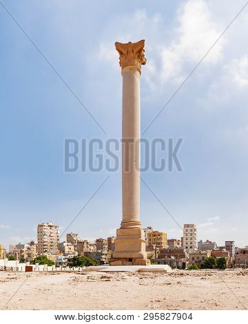Pompeys Pillar, Roman Triumphal Column, With Two Sphinx Statues Located At The Serapeum Of Alexandri