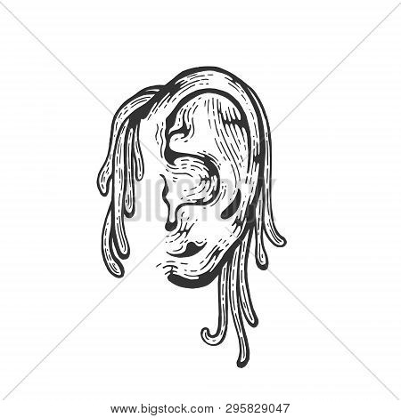 Spaghetti Noodle Pasta On Human Ear Sketch Engraving Vector Illustration. Scratch Board Style Imitat