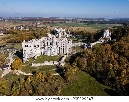Aerial View Ruins Of Medieval Castle On The Rock In Ogrodzieniec, Poland. One Of Strongholds Called 