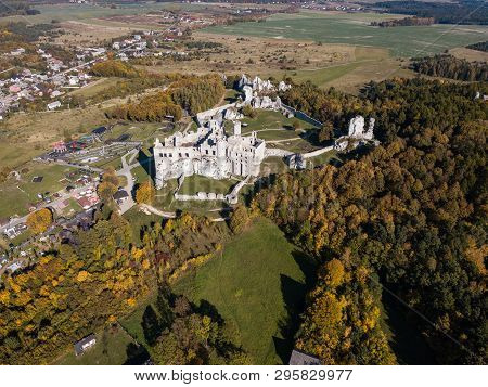 Aerial View Ruins Of Medieval Castle On The Rock In Ogrodzieniec, Poland. One Of Strongholds Called 