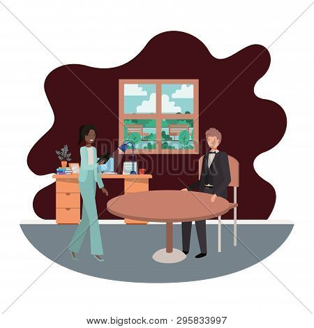 Couple Business In The Room With View The Landscape Vector Illustration Desing