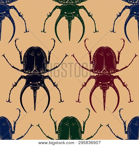 Color Beetles Isolated On Gold Background. Seamless Pattern With Insect. Sketch Of Bug. Realistic Dr