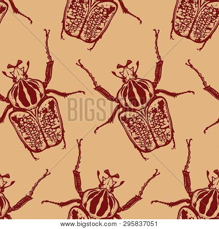 Red Beetles Isolated On Gold Background. Seamless Pattern With Insect. Sketch Of Bug. Realistic Draw