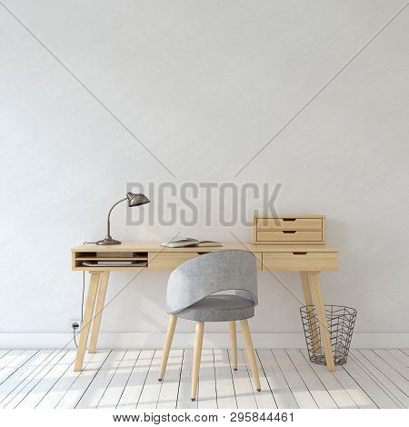 Interior Of Home Office In Scandinavic Style. Interior Mockup. 3d Render.