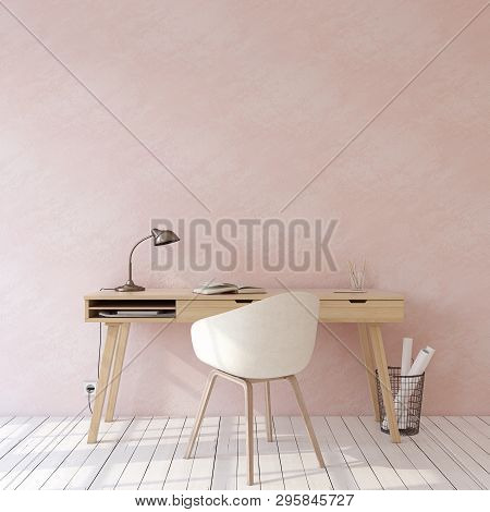 Home Office. Interior Mockup. Wooden Desk Near Empty Pink Wall. 3d Render.