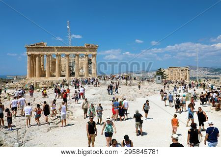 Athens, Greece- July 18, 2018: The Ancient Ruins Of Parthenon And Erechtheion At The Acropolis In At