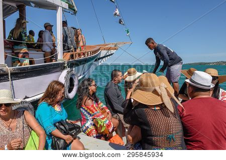People On A Tourist Boat At Itaparica Island On Brazil