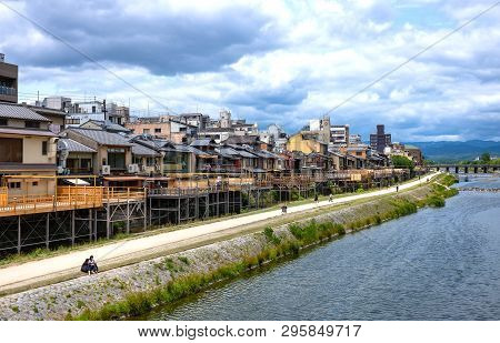 Kyoto, Japan - June 12, 2017: Ancient Wooden Houses Transformed Into Restaurants For Tourists On The
