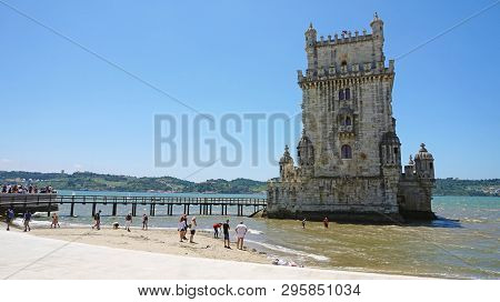 Belem, Portugal - June 25, 2018: The Belem Tower (torre De Belem), Lisbon, Portugal. It Is An Iconic