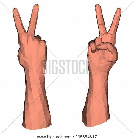 Victory Symbol By Two Polygonal Fingers Of Low Poly Hand For Geometric Gesturing Of Peace And Succes