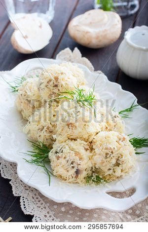 Salad With Mushrooms In The Form Of Balls In Cheese, Rafaello, Selective Focus