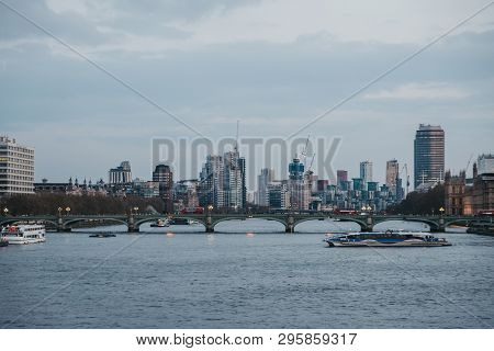 London, Uk - April 13, 2019: Thames Clipper On River Thames, London Skyline On The Background, Durin