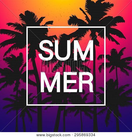 Template Hello Summer With Black Palm Trees On Color Background. Flat Designer Element For Banner, F