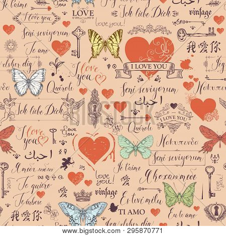 Vector Seamless Pattern With Hearts, Butterflies, Cupids, Keys, Keyholes And Love Theme Letterings. 