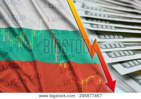 Bulgaria Flag And Chart Falling Us Dollar Position With A Fan Of Dollar Bills